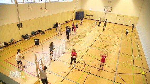 Blick in eine Halle, in der ein Volleyballnetz quer durch gespannt wurde, damit zahlreiche Kinder zusammen spielen können. © Screenshot 