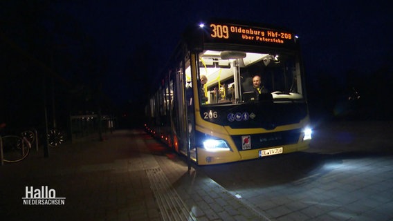 Ein Bus hält bei Nacht an einer Bushaltestelle. Deckenlampen erhellen den Bus von Innen, am Steuer sitzt Busfahrer Andreas Wordtmann. © Screenshot 