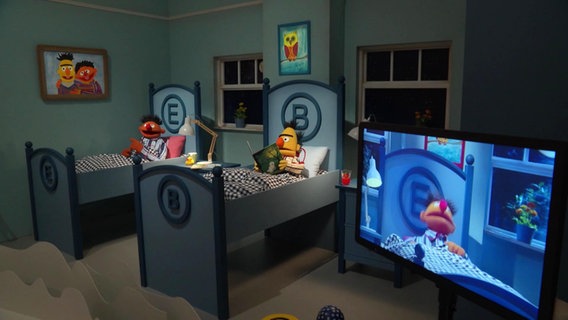 Die Puppen Ernie und Bert liegen in ihren Betten. © Screenshot 