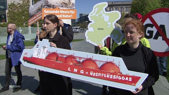 Protestierende Menschen halten Schilder mit Nachrichten gegen den bau euines LNG-Terminals vor Rügen. © Screenshot 