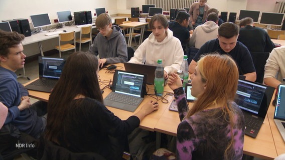 Schüler und Schülerinnen sitzen mit Laptops in einem Klassenzimmer. © Screenshot 