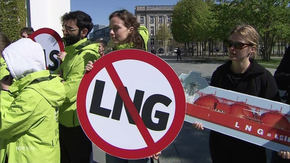 Menschen protestieren mit Schildern gegen ein geplantes LNG-Terminal vor Rügen. © Screenshot 