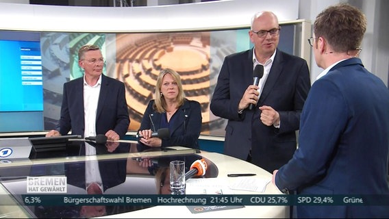 SPD-Bürgermeister Bovenschulte, die Grünen-Spitzenkandidatin Maike Schaefer und der christdemokratische Spitzenkandidat Frank Imhoff sprechen über den Ausgang der Bürgerschaftswahl in Bremen. © Screenshot 