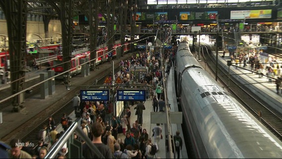 Blick in den Abfahrtsbereich des Hamburger Hauptbahnhofs: Viele Menschen tummeln sich auf den verschiedenen Bahnsteigen. © Screenshot 