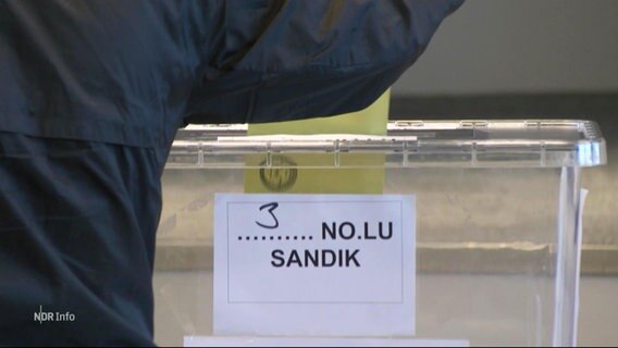 Eine Person mit schwarzer Jacke steckt einen gelben Umschlag durch eine gläserne Box mit der Aufschrift "3 No lu sandik". © Screenshot 