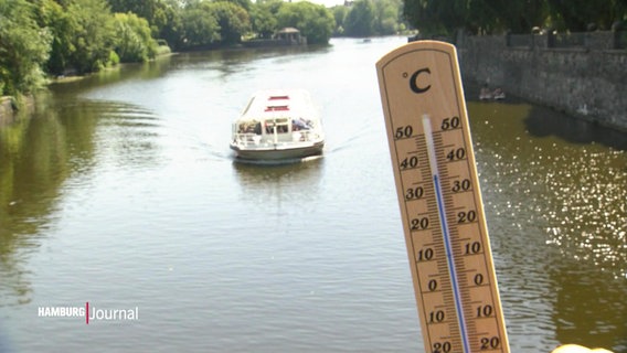 Im Vordergrund ein Thermometer, das um die 36 Grad Celsius anzeigt, im Hintergrund ein Alsterlauf mit einem Alsterdampfer. © Screenshot 