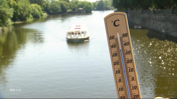 Blick auf einen Hamburger Alsterfleet mit einem Alsterdampfer, im Vordergrund: eine Hand hält ein Thermometer mit angezeigten 36°C ins Bild. © Screenshot 