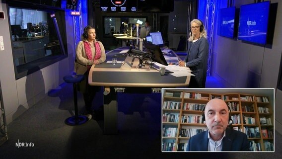 NDR Info Redezeit ""Quo Vadis Urlaub" am 23.05.2023: Moderatorin Birgit Langhammer (re.) mit Gabriele Kausche (Reiselounge Hamburg) und Mario Schiefelbein (Tourismus-Agentur Nordsee)im Gespräch. © Screenshot 