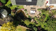 Blick aus der Vogelperspektive auf einen kleineren, gepflegten Garten eines Wohnhauses. © Screenshot 
