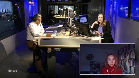 Nina Zimmermann moderiert NDR Info Redezeot "Welche Folgen hat die Türkei-Wahl?" am 30.05.2023. Mit ihr diskutieren: Murat Kaplan, Vorsitzender der Türkischen Gemeinde Hamburg und Umgebung e.V. und Dr Güllistan Gürbey, Privatdozentin und Politikwissenschaftlerin an der Freien Universität Berlin. © Screenshot 