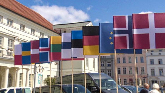 Kleine Landesflaggen der teilnehmenden Länder des Ostseerates aus Pappe im Vordergrund, im Hintergrund das Rathaus von Wismar. © Screenshot 