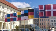 Kleine Landesflaggen der teilnehmenden Länder des Ostseerates aus Pappe im Vordergrund, im Hintergrund das Rathaus von Wismar. © Screenshot 