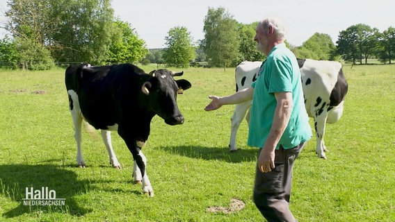 Ein Bauer und seine Kuh auf der Wiese. © Screenshot 