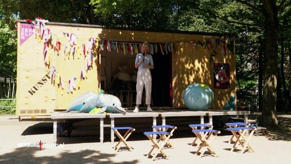 Eine Frau steht auf einer kleinen Freilichtbühne eines Kindertheater-Waggons. © Screenshot 