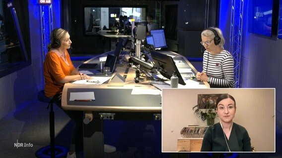 Birgit Langhammer moderiert im Studio die NDR info Redezeit mit zwei Gästen. © Screenshot 