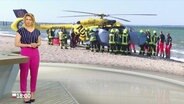 Eva Diederich moderiert Schleswig-Holstein Magazin. Im Hintergrund ist ein Rettungseinsatz am Timmendorfer Strand zu sehen. © Screenshot 