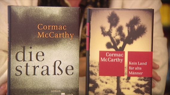 Zwei Bücher des US-Autoren Cormac McCarthy stehen in ihrer deutschen Übersetzung nebeneinander. Links: "Die Straße". Rechts: "Kein Land für alte Männer". © Screenshot 