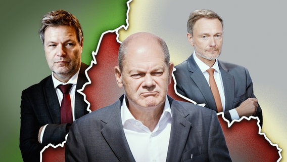 Die zerstrittene Ampel-Koalition: Robert Habeck, Olaf Scholz, Christian Lindner. (extra 3 vom 15.06.2023 im Ersten) © NDR 