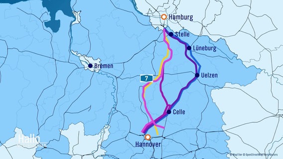 Verschiedene Varianten der Bahnstrecke zwischen Hannover, Hamburg und Bremen. © Screenshot 