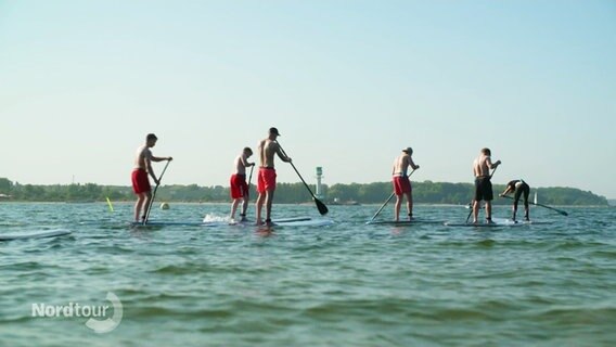Eine Gruppe von Menschen fährt bei gutem Wetter auf klarem Wasser mit Stand-Up-Paddling-Boards. © Screenshot 