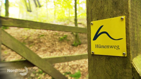 An einem hölzernen Pfahl in einem Wald ist ein Schild mitder Aufschrift "Hünenweg" angebracht. © Screenshot 