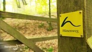 An einem hölzernen Pfahl in einem Wald ist ein Schild mitder Aufschrift "Hünenweg" angebracht. © Screenshot 
