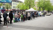 Viele Menschen stehen in einer Schlange auf der Hamburger Reeperbahn vor einer Essensausgabe an einem Zelt. © Screenshot 