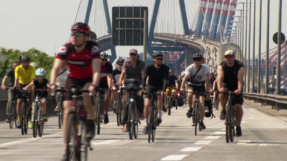 Radfahrer kommen bei der Sternfahrt von der Köhlbrandbrücke © Screenshot 