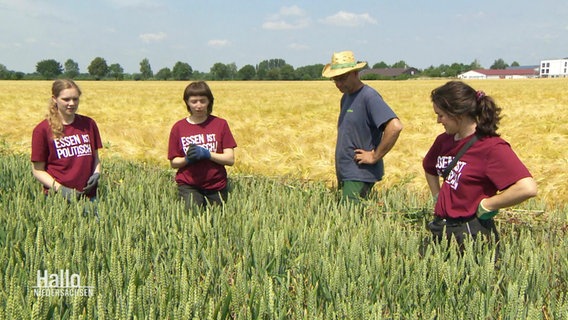 Drei Aktivistinnen mit Landwirt Oestmann auf einem Feld. © Screenshot 