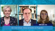NDR Info live: Moderatorin Melanie Buth mit den Gästen Cord Schellenberg und Julia Rehberg. © Screenshot 