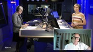 Susanne Stichler steht mit einem Gast im Studio von NDR Info und moderiert die Redezeit. Ein Gast ist zugeschaltet. © Screenshot 