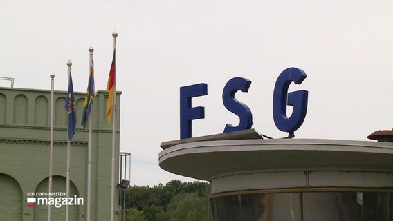 Auf dem Bild sieht man das Dach der Flensburger Schiffbau-Gesellschaft. In blauen Großbuchtaben steht die Abkürzung FSG auf dem Dach. © Screenshot 
