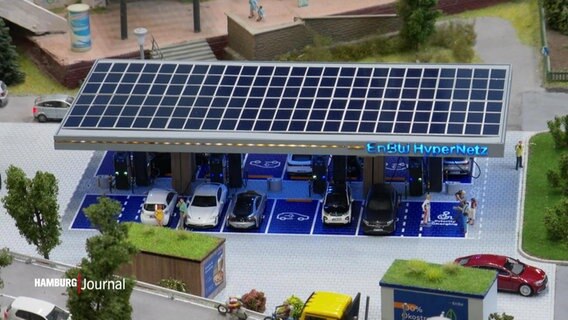Im Miniaturstil ist ein Parkplatz-Carport für mehrere E-Autos mit Ladesäulen in einer Modelleisenbahn-Landschaft nachgebaut. © Screenshot 