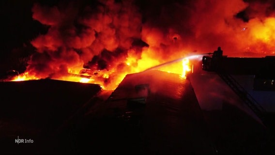 Der Brand einer Porzellanfabrik wird von der Feuerwehr gelöscht. © Screenshot 