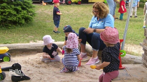 Eine Frau mit Kindern, die in einem Sandkasten spielen © Screenshot 