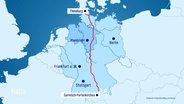 Eine Karte mit dem eingezeichneten Weg des "Race Across Germany" von Flensburg bis Garmisch-Partenkirchen. © Screenshot 