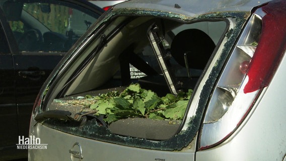 Eine durch den Sturm zerstörte Rückscheibe eines Opel Corsas. © Screenshot 