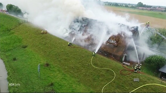 Ein Reetdachhaus steht in Flammen. © Screenshot 
