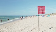 Eine rote Fahne weht an einem Strand, sie trägt die Aufschrift: "Unterströmung". © Screenshot 