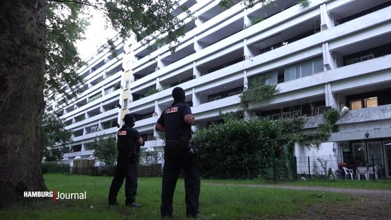 Zwei Polizisten der Spezialeinheit stehen mit Sturmmasken vor einem Mehrfamilienhaus. © Screenshot 