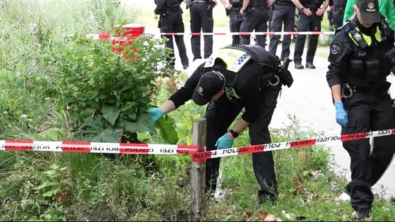 Polizisten durchsuchen ein Gebüsch. © Screenshot 