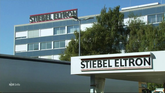 Ein Schild vor einem großen Gebäude zeigt die Aufschrift "Stiebel Eltron". © Screenshot 