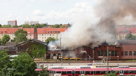 Das Dach des Eisenbahnmuseums in Schwerin brennt, es gibt eine starke Rauchentwicklung. © Screenshot 