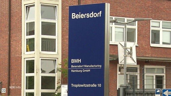 Firmenschild des Unternehmens Beiersdorf vor dem Firmensitz in Hamburg. © Screenshot 