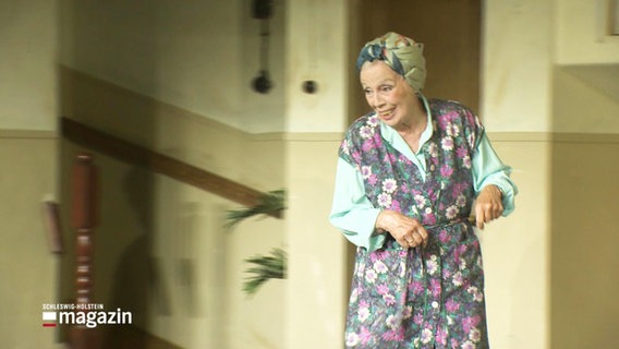 Schauspielerin Heidi Mahler in Kittelschürze auf der Bühne © Screenshot 