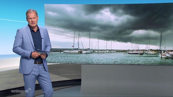 Der Moderator Thilo Tautz, im Hintergrund ein Bild von einem kleinen Hafen. © Screenshot 