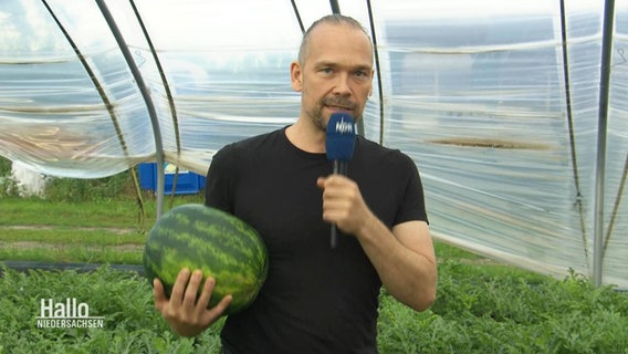 Reporter Janek Wiechers mit einer Wassermelone. © Screenshot 