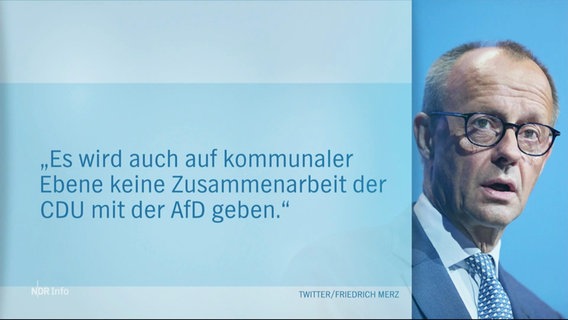 Ein Zitat von Friedrich Merz: "Es wird auch auf kommunaler Ebene keine Zusammenarbeit der CDU und AfD geben." © Screenshot 