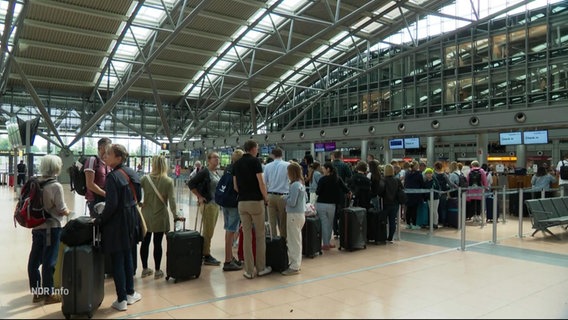 Eine lange Schlange von Urlaubern im Flughafen. © Screenshot 