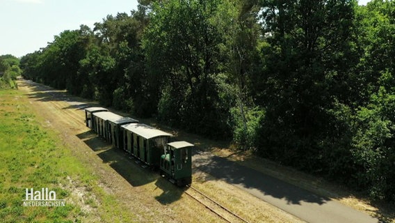 Eine kleiner grüne Schmalspurbahn fährt mit einigen Waggons auf einer Strecke entlang eines Waldstücks. © Screenshot 